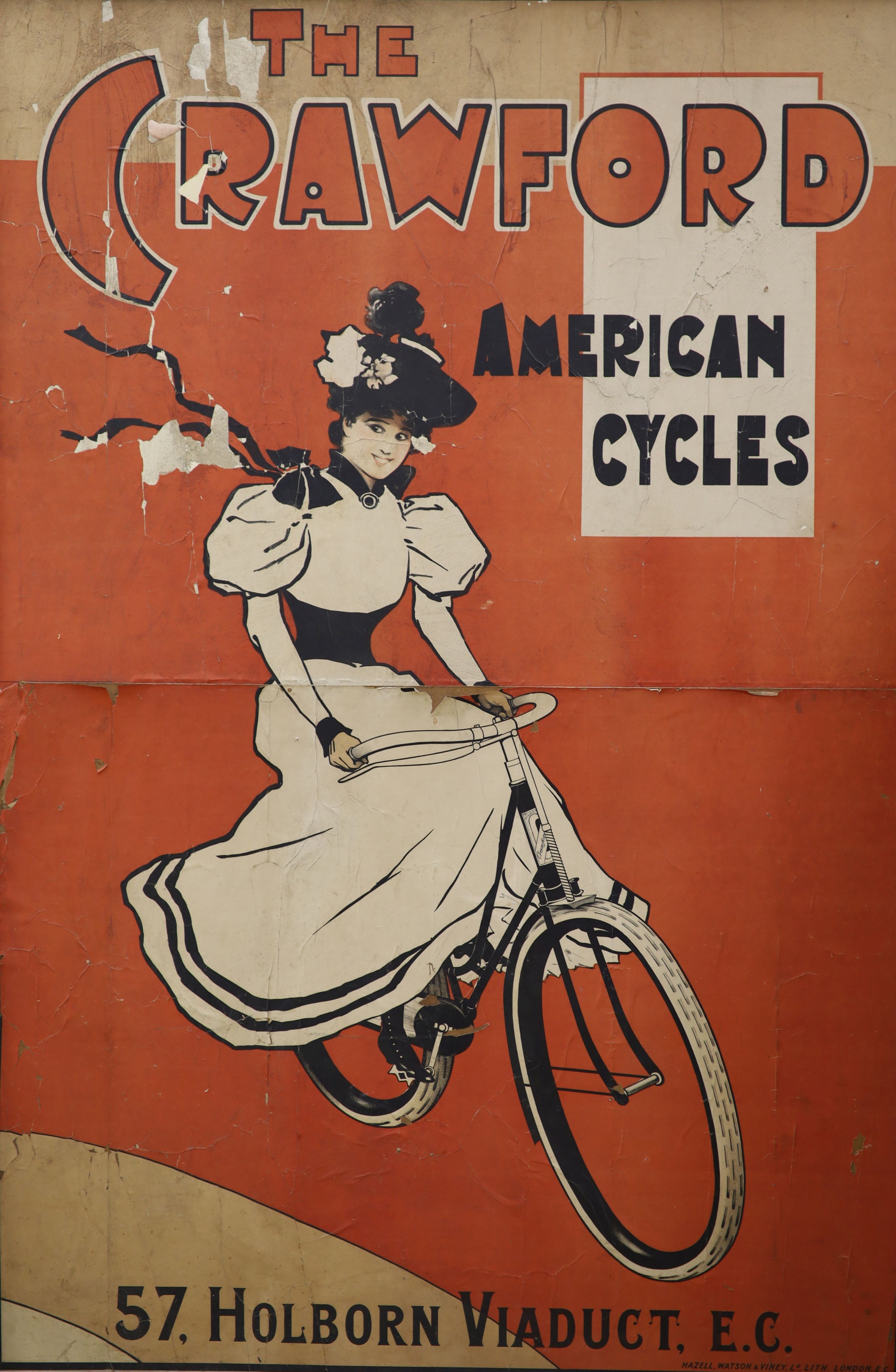 'The Crawford American Cycles' poster c.1900, printed by Hazell, Watson and Viney, 145 x 96cm.